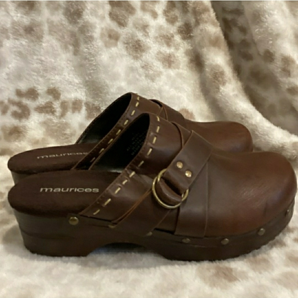 Maurices Dark Brown Clogs with Gold Buckle